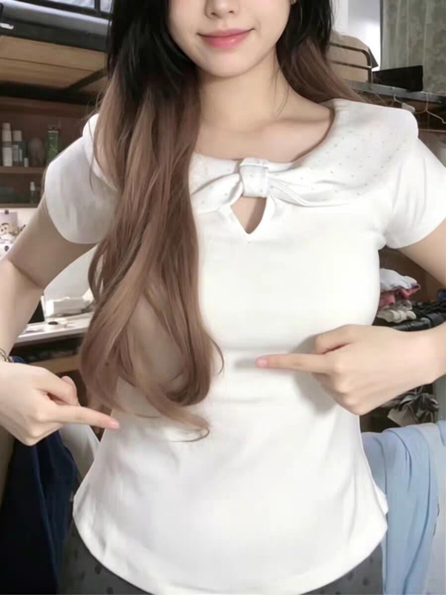 白色波點蝴蝶結鏤空短袖T恤女夏季純欲風修身顯瘦百搭短款上衣