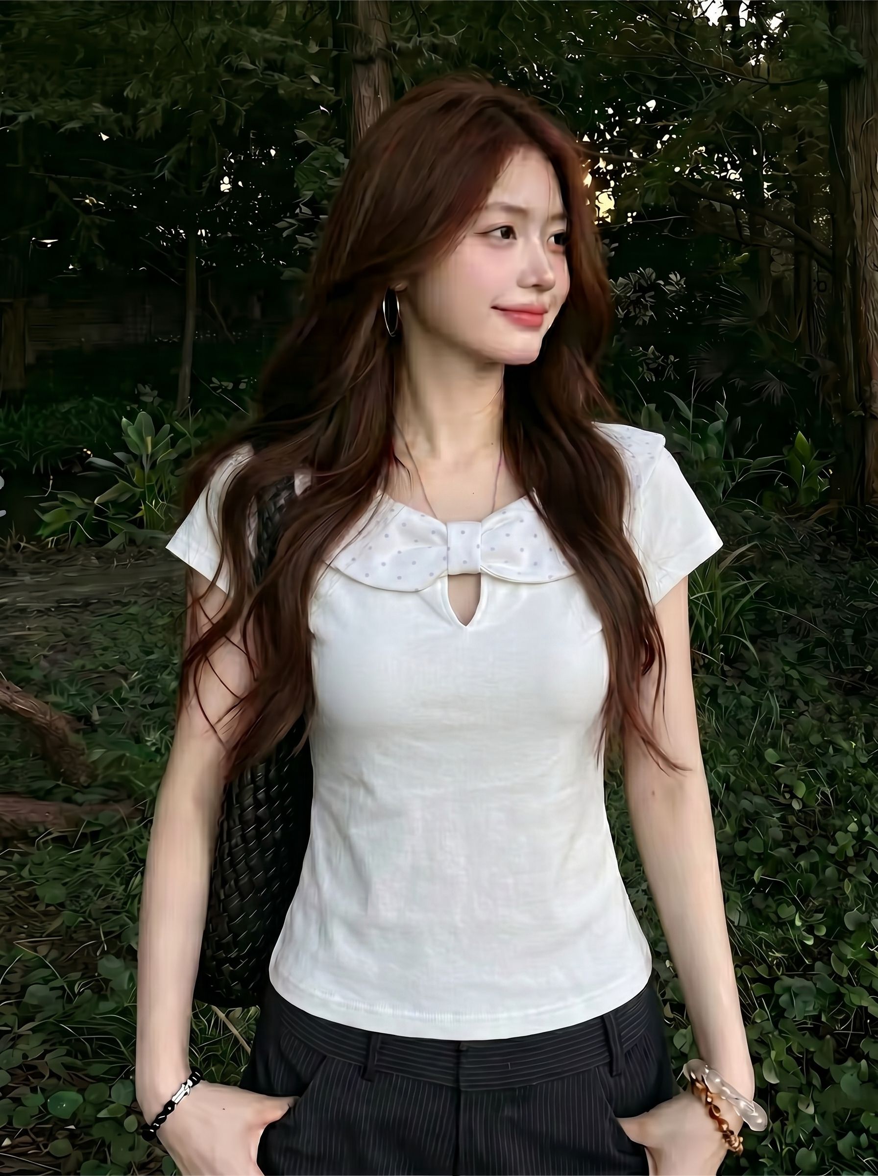 波點蝴蝶結鏤空短袖T恤女夏季純欲風修身顯瘦百搭短款上衣