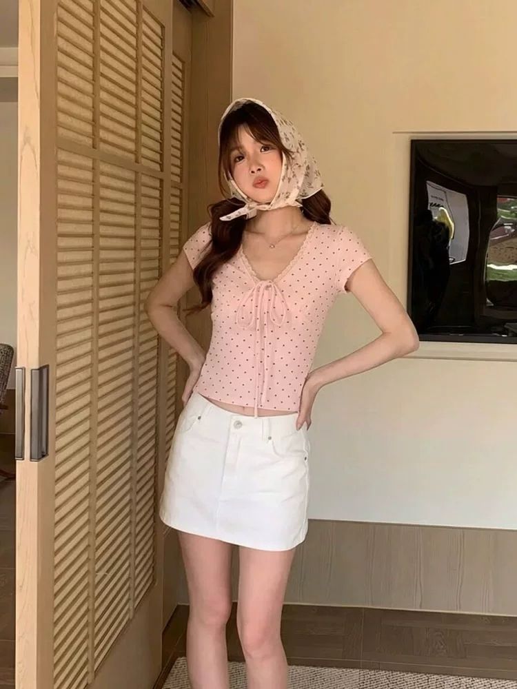 愛心波點V領系帶短袖T恤女夏新款修身顯瘦百搭絕美上衣