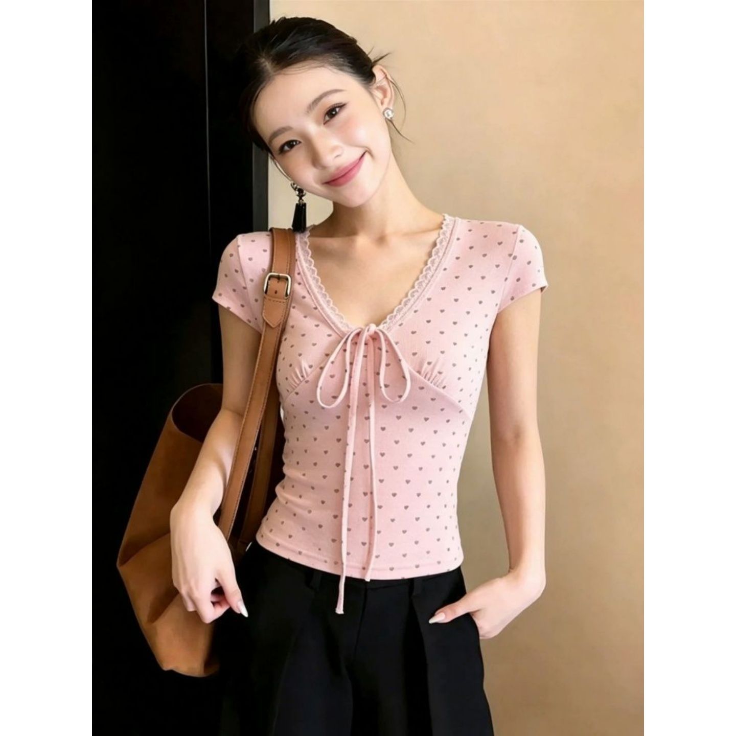 甜美風愛心波點V領系帶短袖T恤女夏新款修身顯瘦百搭絕美上衣