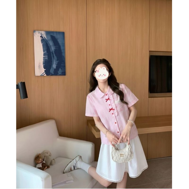 學院風粉色條紋娃娃領襯衫女夏季蝴蝶結花邊減齡短袖上衣