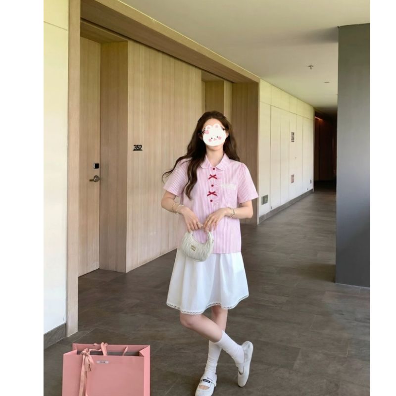 學院風粉色條紋娃娃領襯衫女夏季蝴蝶結花邊減齡短袖上衣