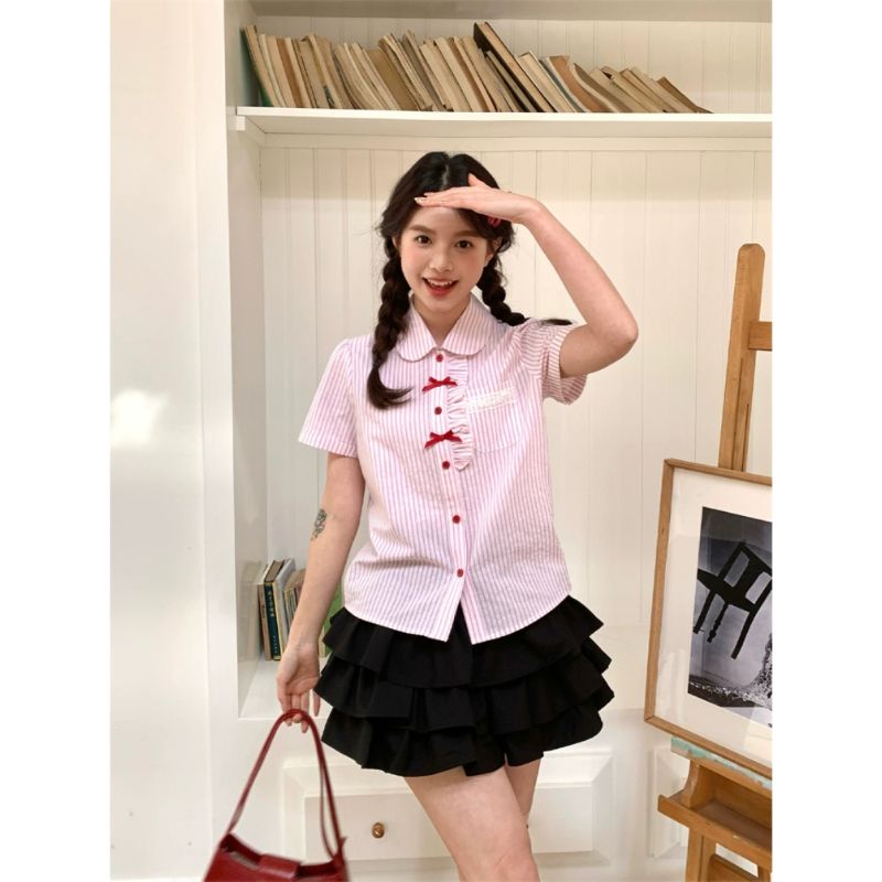 jk襯衣夏季新款粉色少女條紋娃娃領襯衫小個子甜美可愛上衣