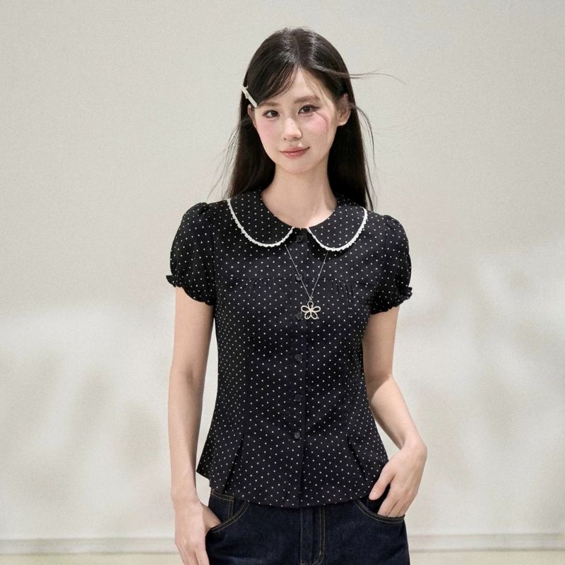 波點娃娃衫短袖襯衫女夏季韓系甜美設計感小眾收腰襯衣上衣