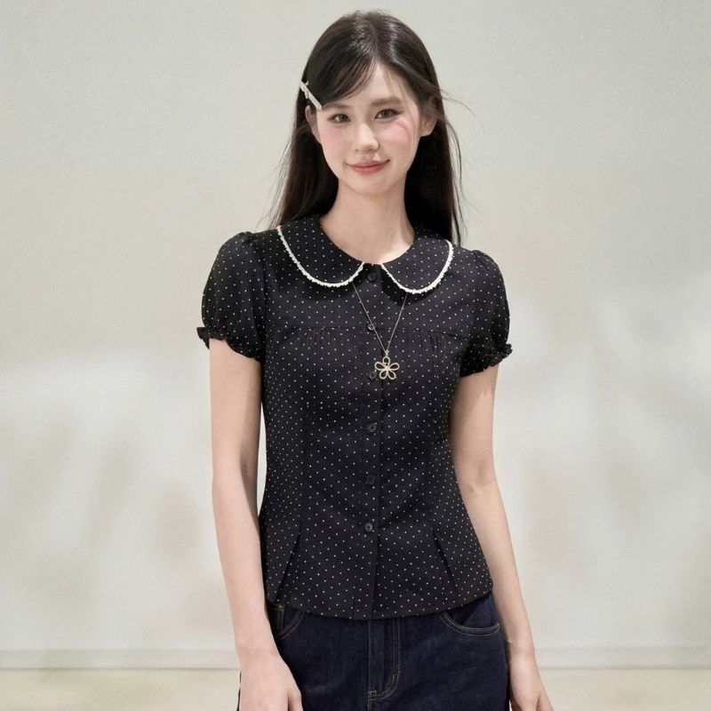 波點娃娃衫短袖襯衫女夏季韓系甜美設計感小眾收腰襯衣上衣