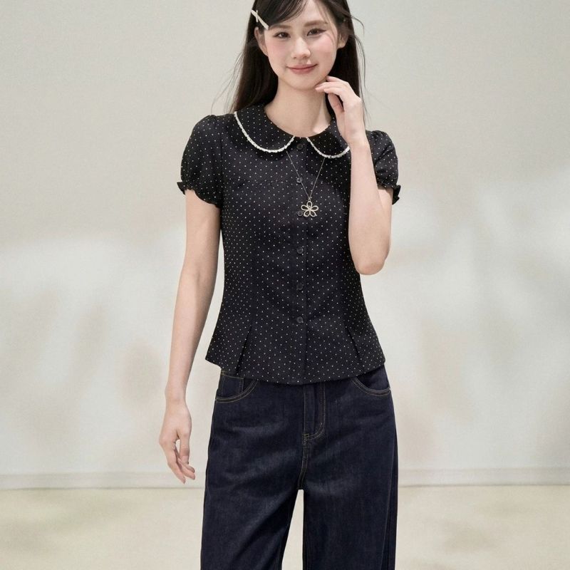 波點娃娃衫短袖襯衫女夏季韓系甜美設計感小眾收腰襯衣上衣