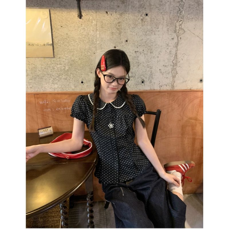 jk襯衣夏季新款粉色少女條紋娃娃領襯衫小個子甜美可愛上衣