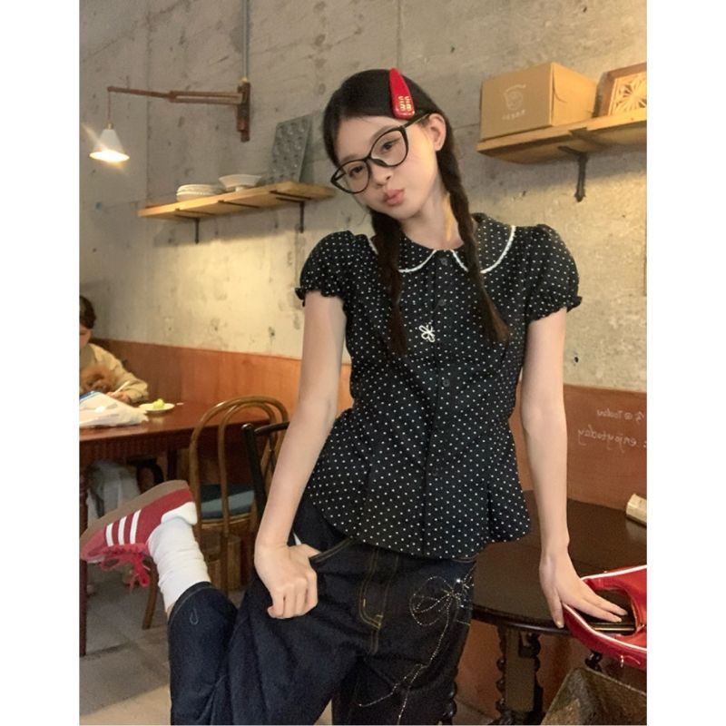 jk襯衣夏季新款粉色少女條紋娃娃領襯衫小個子甜美可愛上衣