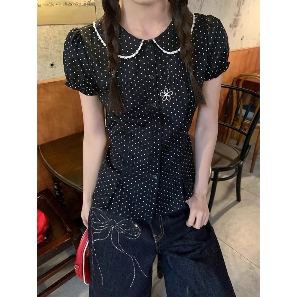 jk襯衣夏季新款粉色少女條紋娃娃領襯衫小個子甜美可愛上衣