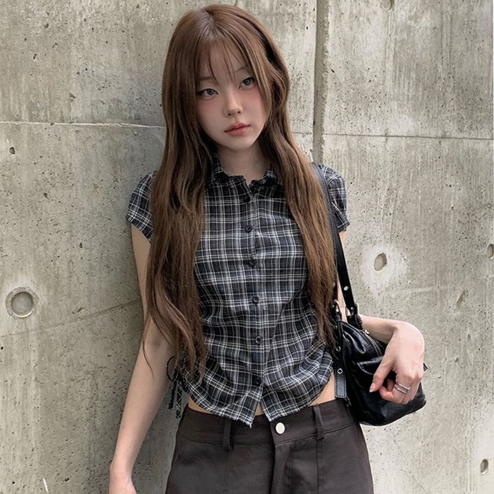 夏季新款學院風百搭設計感抽繩短款格子短袖襯衫上衣女