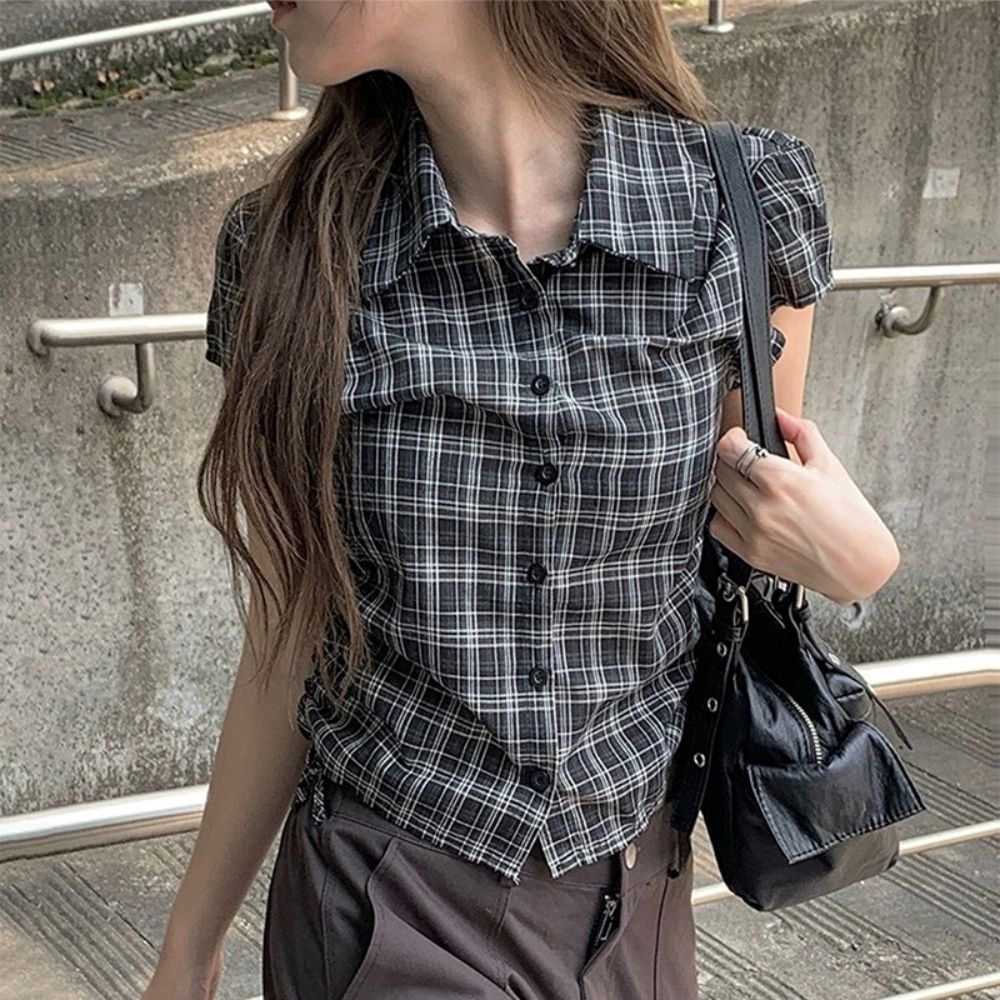 夏季新款學院風百搭設計感抽繩短款格子短袖襯衫上衣女