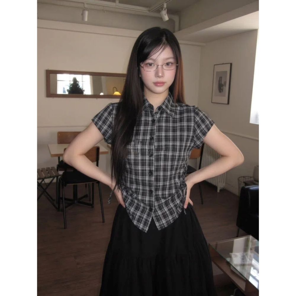 POLO領復古格子短袖襯衫女夏季新款韓系收腰顯瘦襯衣短款上衣