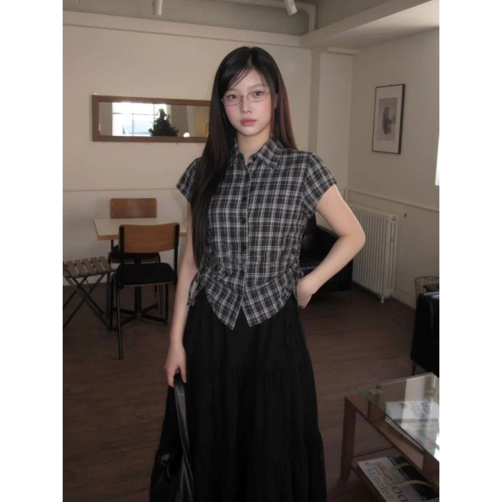 POLO領復古格子短袖襯衫女夏季新款韓系收腰顯瘦襯衣短款上衣