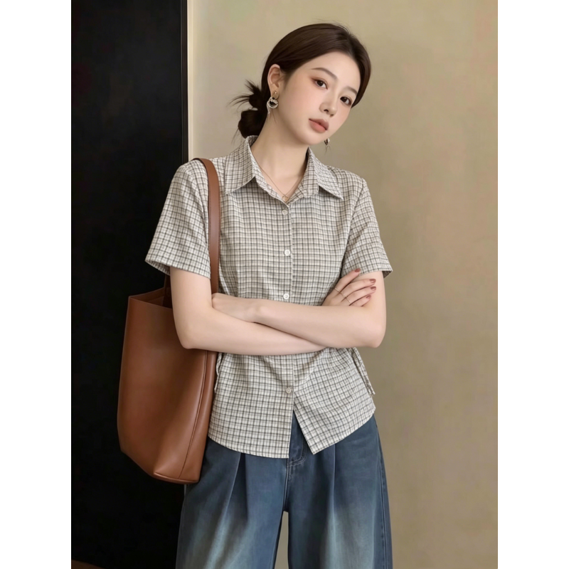 格子襯衫女短袖夏季新款韓系設計感綁帶收腰氣質顯瘦襯衣
