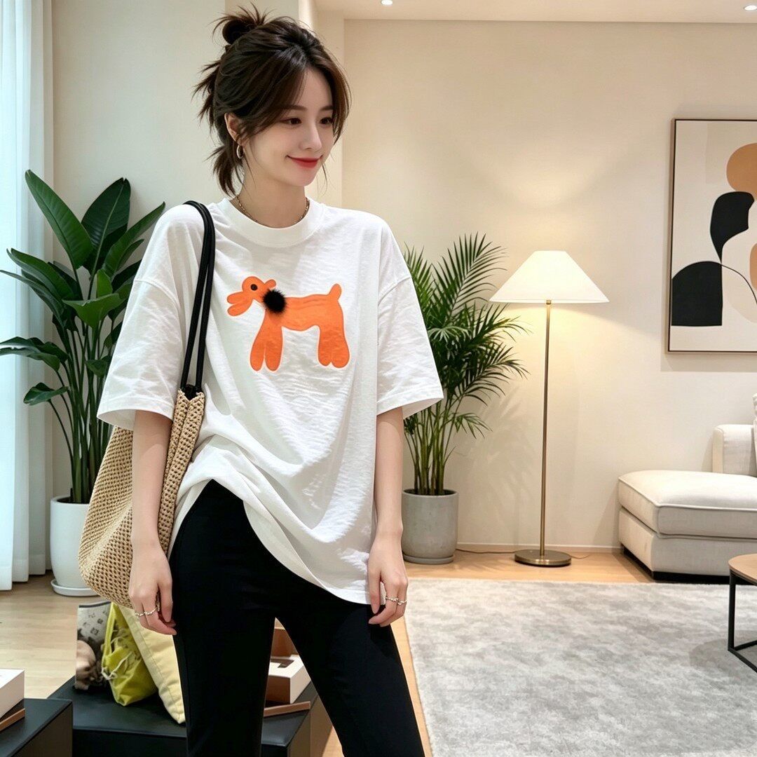 白色植絨立體小狗短袖 T 恤女夏季慵懶風寬松顯瘦百搭休閑上衣