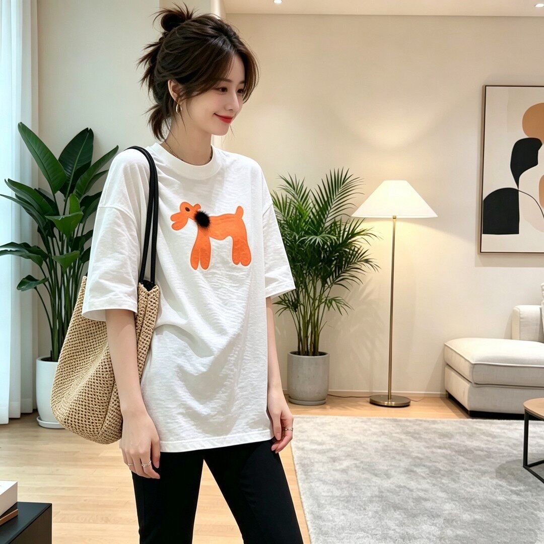 白色植絨立體小狗短袖 T 恤女夏季慵懶風寬松顯瘦百搭休閑上衣