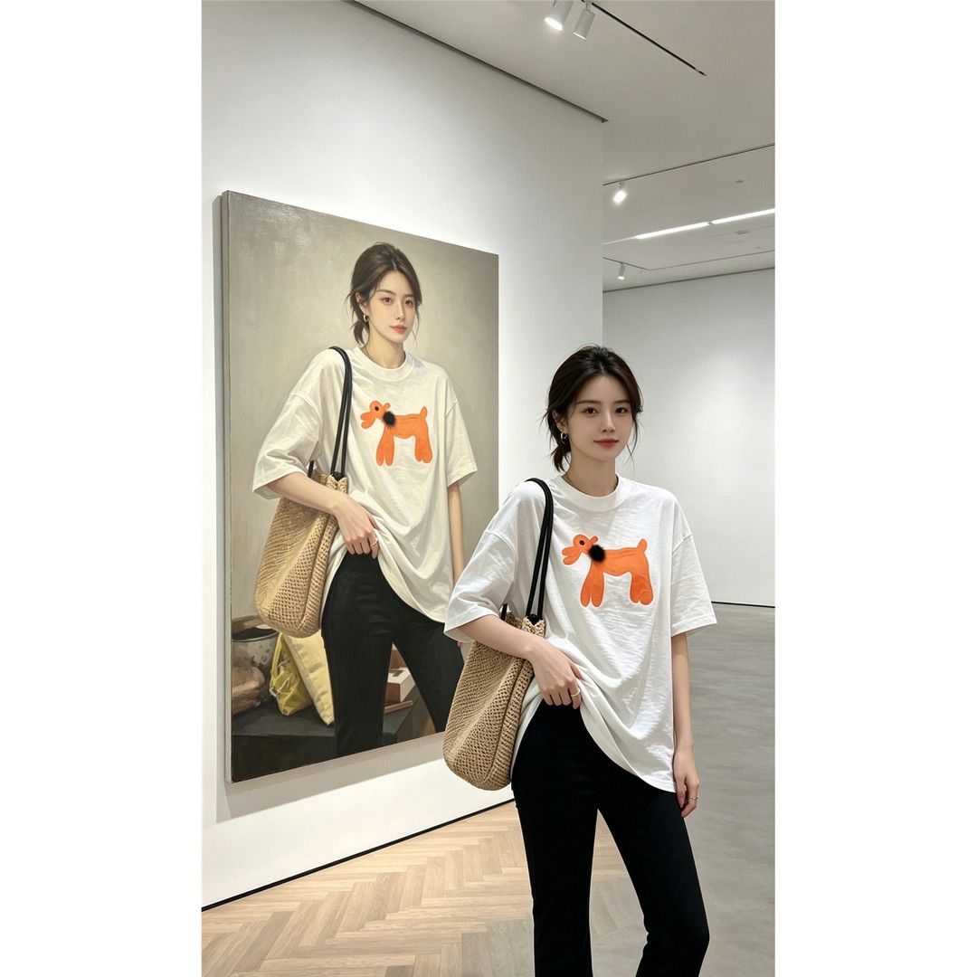 植絨立體小狗短袖 T 恤女夏季慵懶風寬松顯瘦百搭休閑上衣