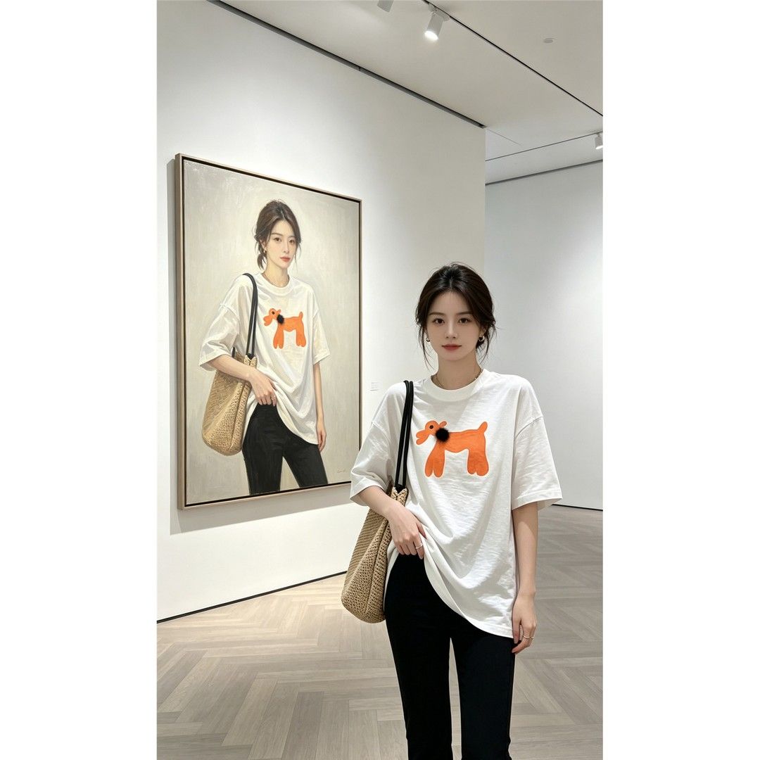 植絨立體小狗短袖 T 恤女夏季慵懶風寬松顯瘦百搭休閑上衣
