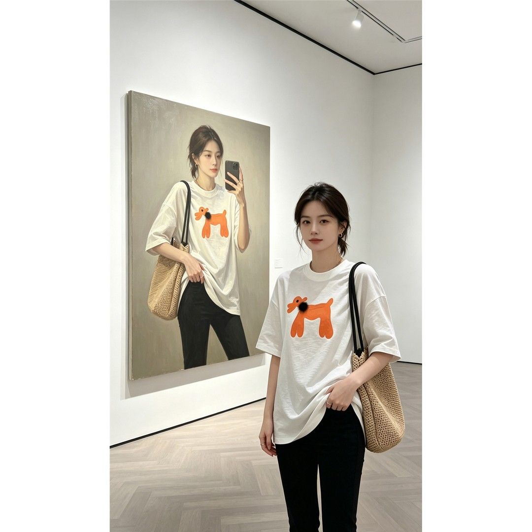 植絨立體小狗短袖 T 恤女夏季慵懶風寬松顯瘦百搭休閑上衣