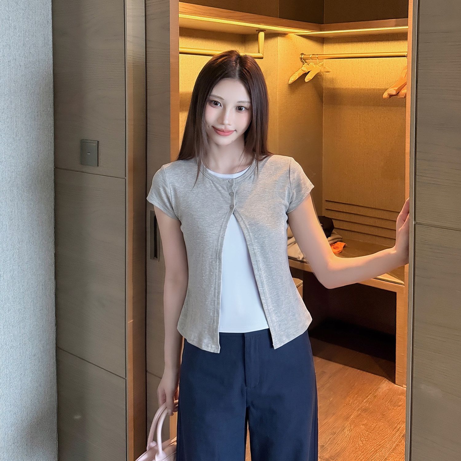 夏季溫柔風新款設計感百搭假兩件休閑T恤撞色休閑上衣女