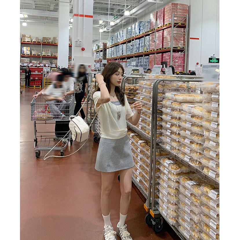 大U領露鎖骨短袖女2025夏帶胸墊掛脖吊帶背心松弛感上衣