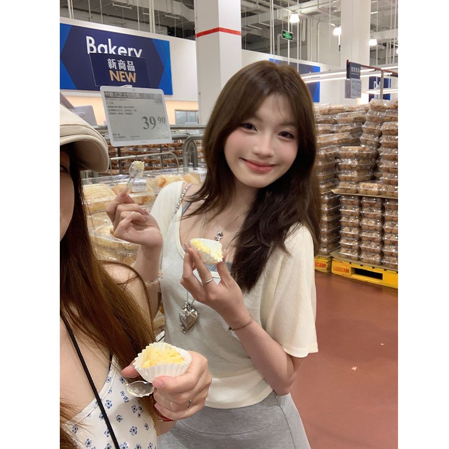 大U領露鎖骨短袖女2025夏帶胸墊掛脖吊帶背心松弛感上衣