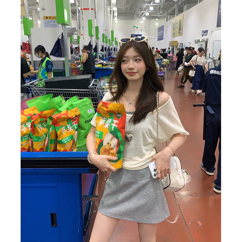 大U領露鎖骨短袖女2025夏帶胸墊掛脖吊帶背心松弛感上衣