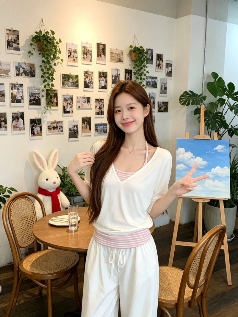 白色粉條紋假兩件 V 領短袖T恤女夏季韓系松弛感寬松百搭顯瘦上衣