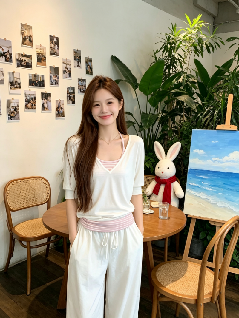 白色粉條紋假兩件 V 領短袖T恤女夏季韓系松弛感寬松百搭顯瘦上衣