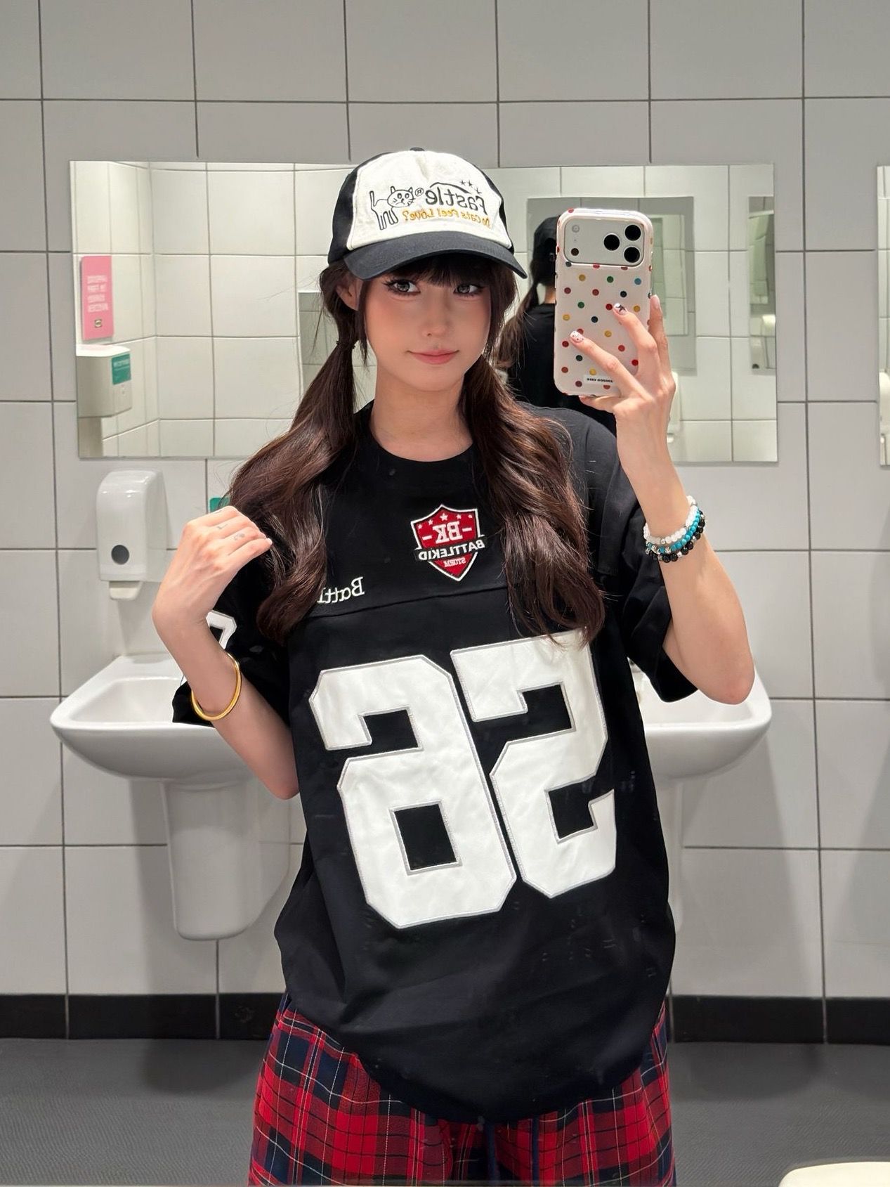 白藍撞色數字印花短袖T恤女美式復古寬松oversize 街頭風百搭上衣