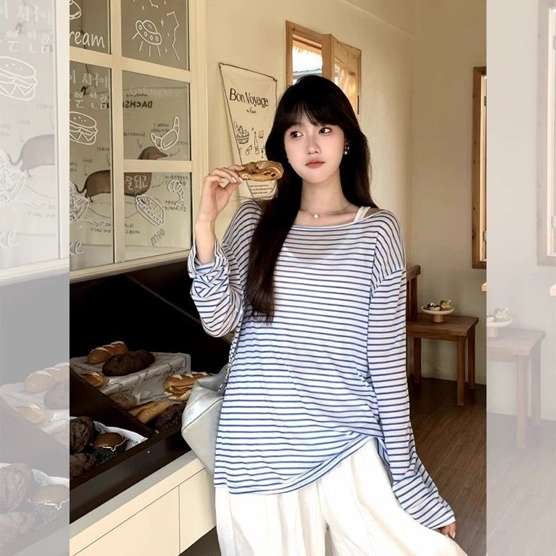 韓系溫柔風斜肩條紋寬松防曬罩衫女薄款微透長袖t恤上衣