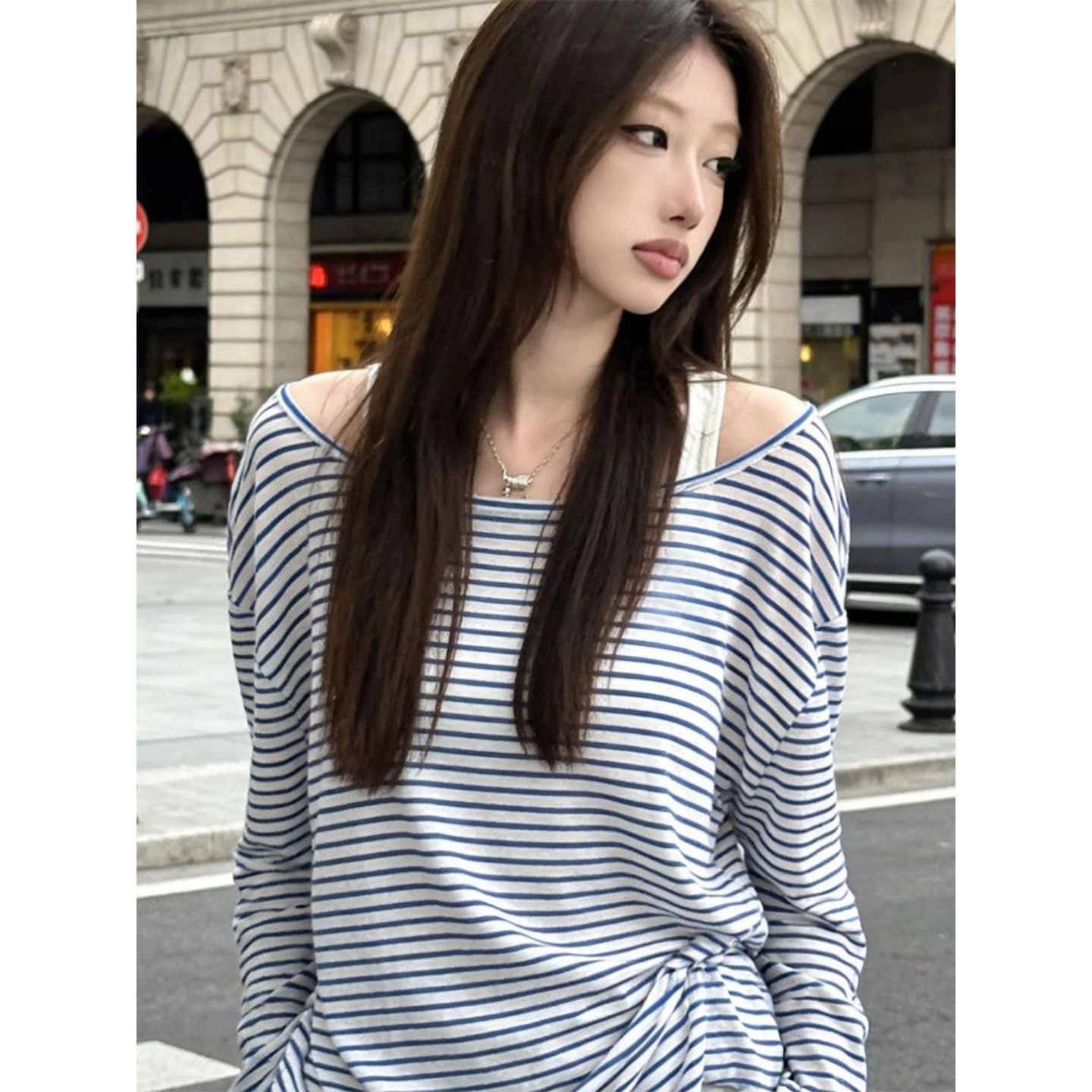 韓系純欲風斜肩條紋寬松防曬罩衫女薄款微透長袖t恤上衣