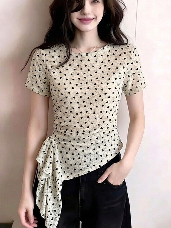 通勤風不規則愛心印花短袖網紗t恤女夏季新款修身打底上衣