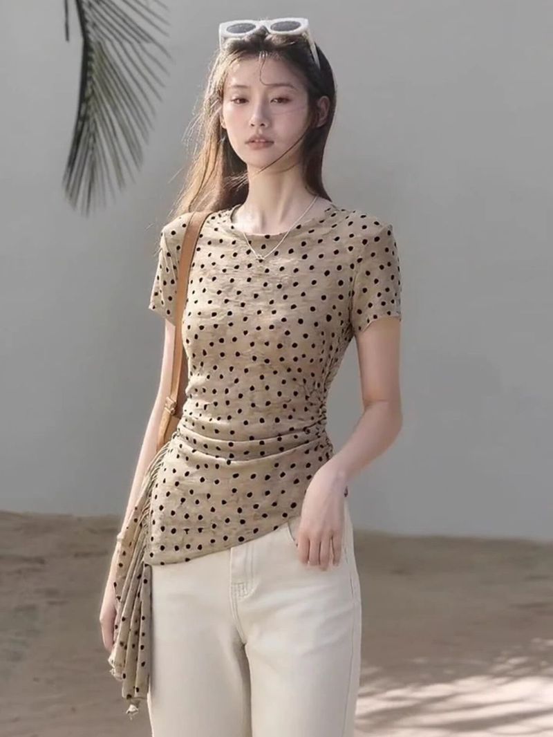 純欲風不規則愛心印花短袖網紗t恤女夏季新款修身打底上衣