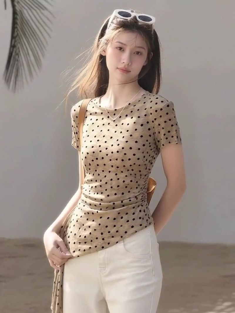 純欲風不規則愛心印花短袖網紗t恤女夏季新款修身打底上衣