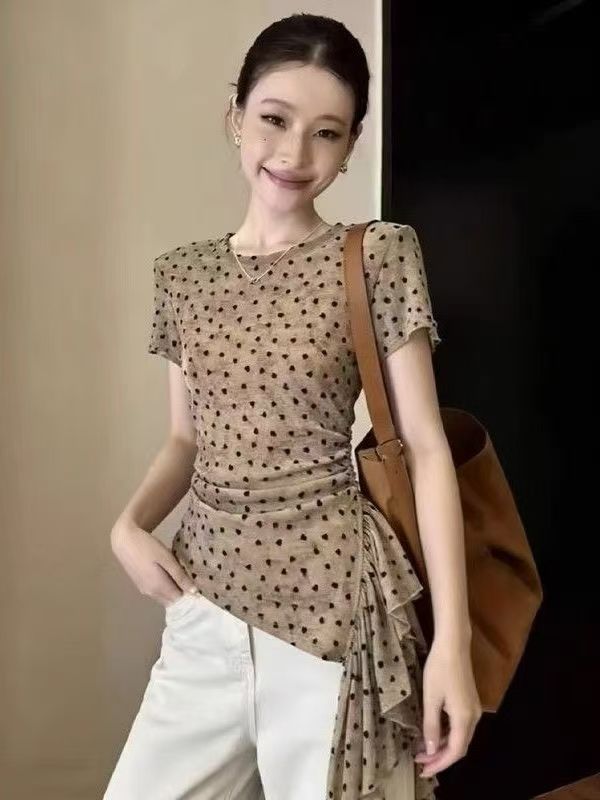 韓系通勤風不規則愛心印花短袖網紗t恤女夏季新款修身打底上衣