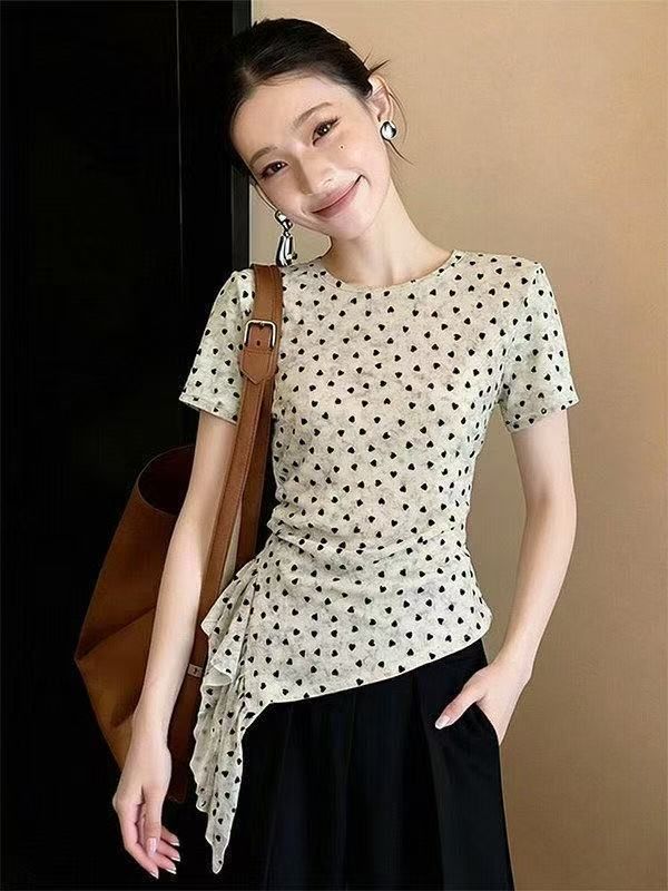 韓系通勤風不規則愛心印花短袖網紗t恤女夏季新款修身打底上衣