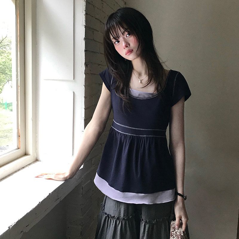 撞色假兩件掛脖短袖上衣女夏季收褶高腰娃娃衫顯瘦小眾短款 T 恤