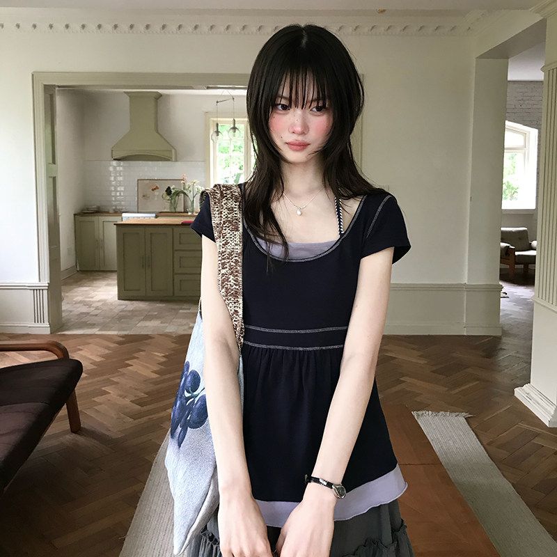 撞色假兩件掛脖短袖上衣女夏季收褶高腰娃娃衫顯瘦小眾短款 T 恤