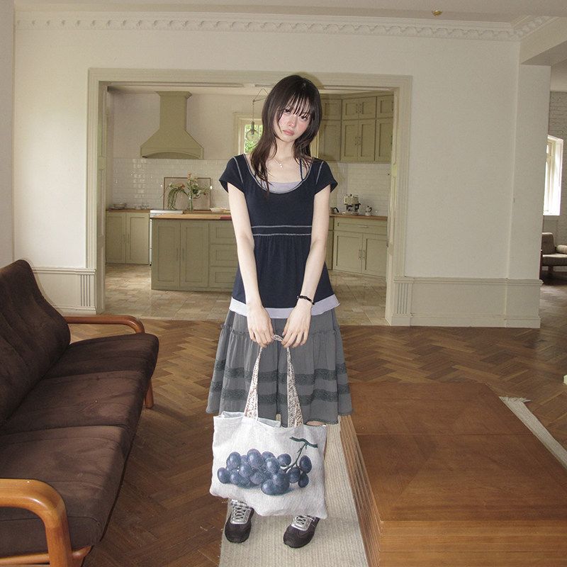 撞色假兩件掛脖短袖上衣女夏季收褶高腰娃娃衫顯瘦小眾短款 T 恤