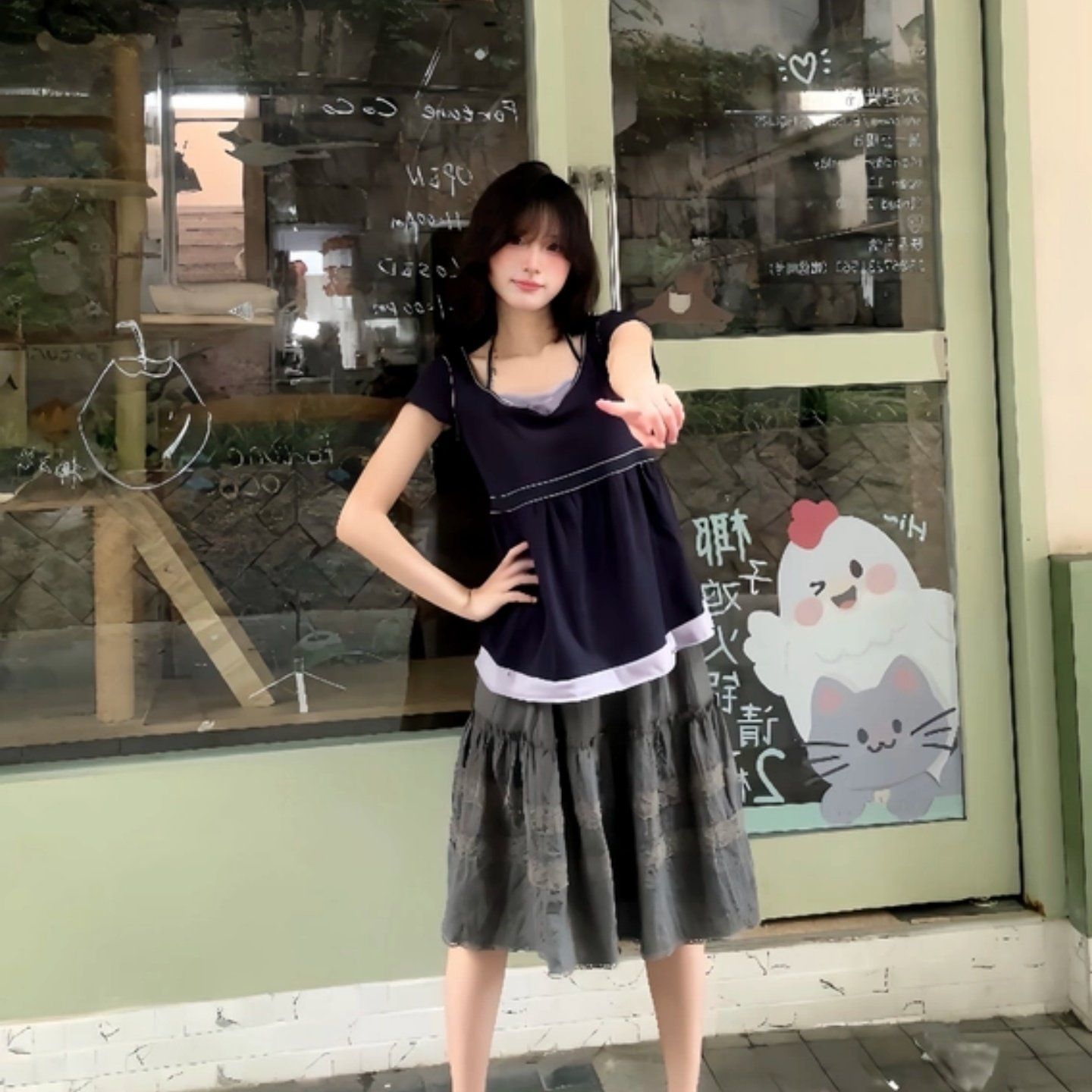 通勤撞色假兩件掛脖短袖上衣女夏季收褶高腰娃娃衫顯瘦短款 T 恤