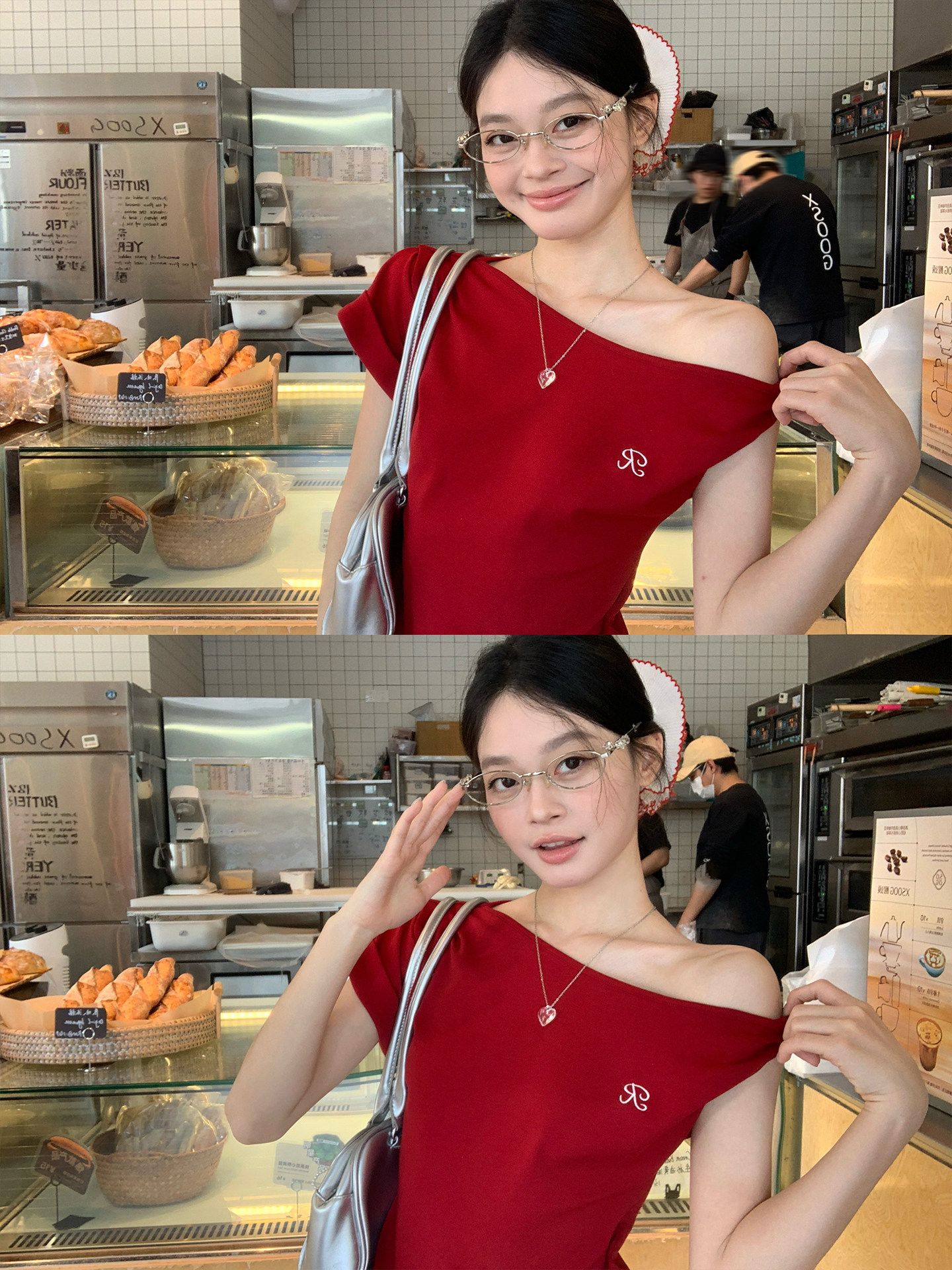 新款辣妹紅色斜肩短袖t恤女修身設計感露肩獨特漂亮上衣