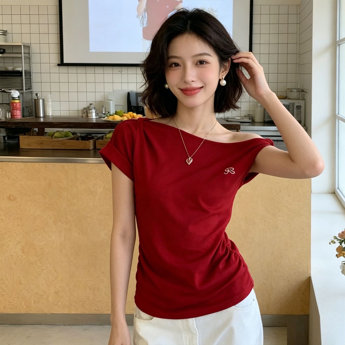 紅色斜肩短袖t恤女2026夏季新款掐腰辣妹修身設計感露肩上衣