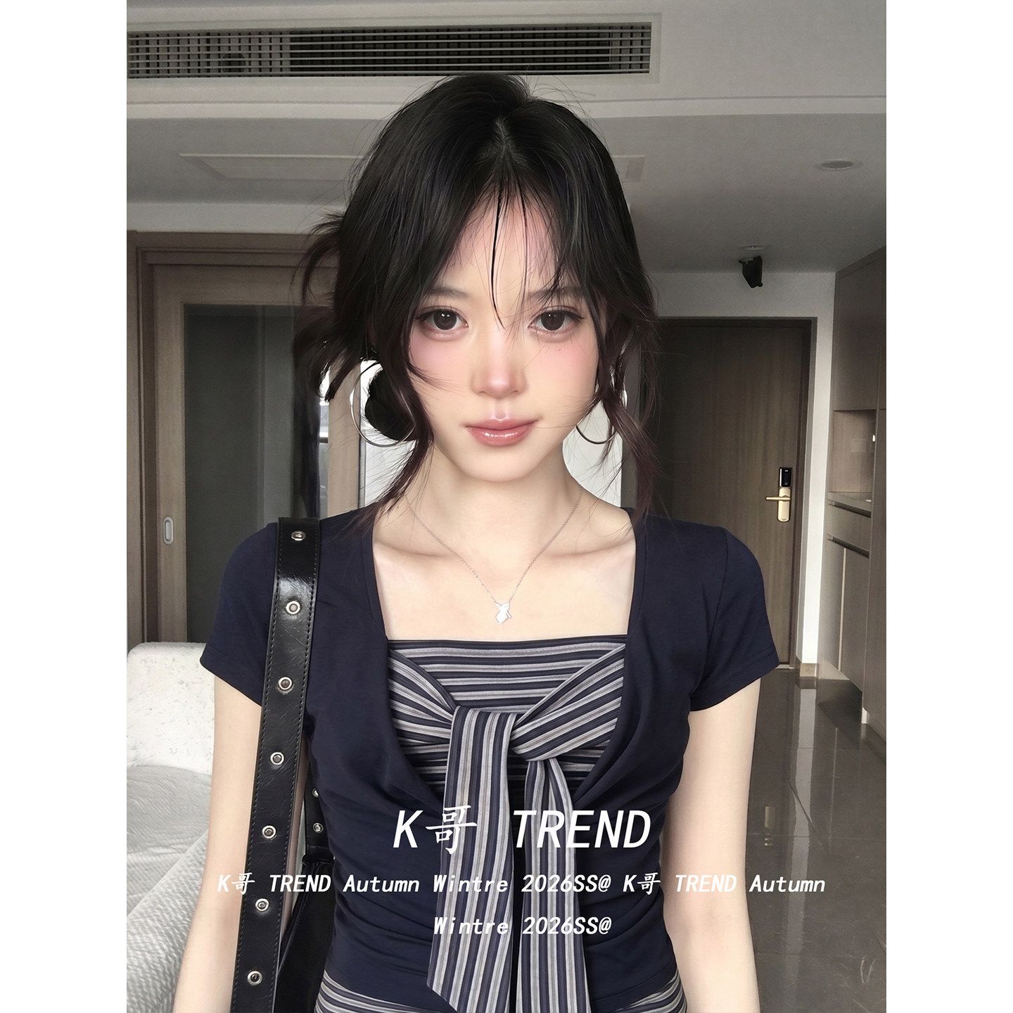 條紋拼接T恤女夏季短袖藏藍色綁帶設計松弛韓風辣妹上衣ins