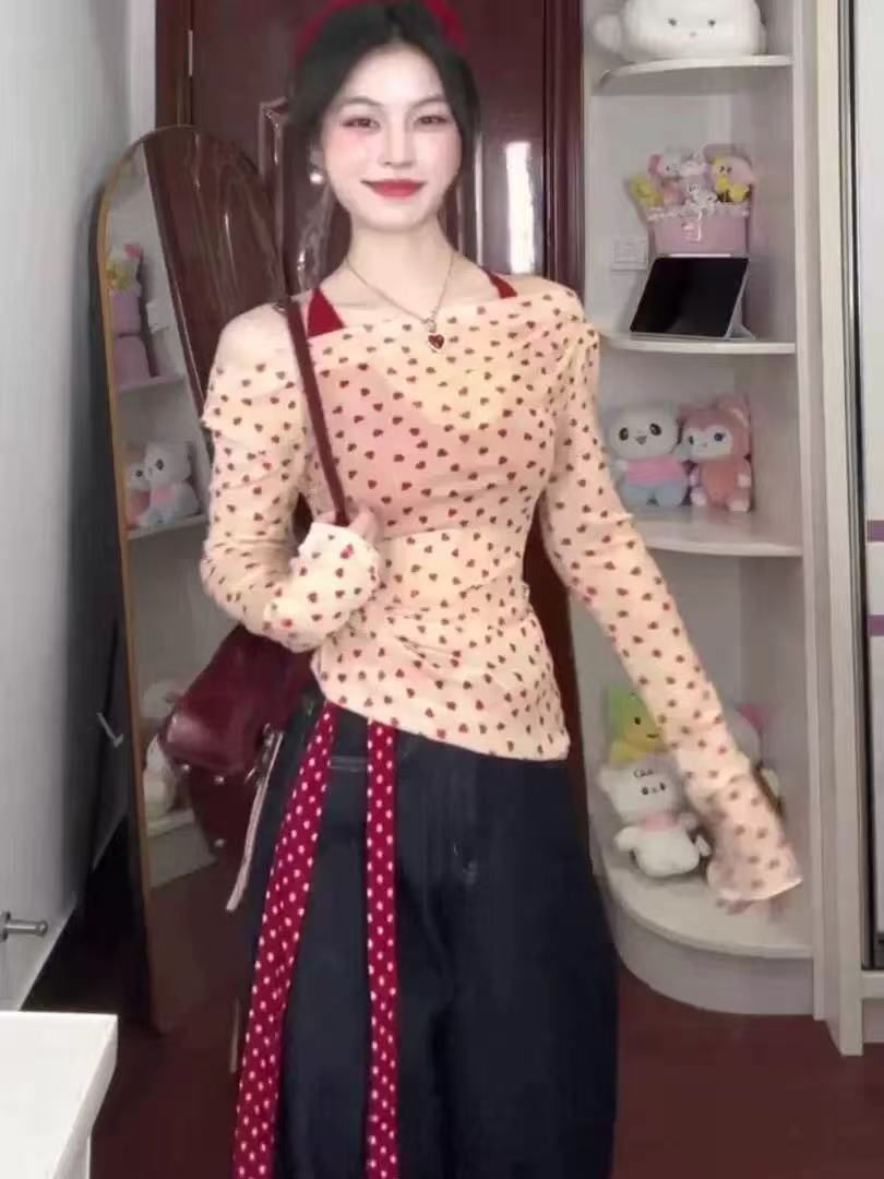 波點吊帶拼接斜肩波點長袖上衣女純欲風褶皺收腰顯瘦打底衫