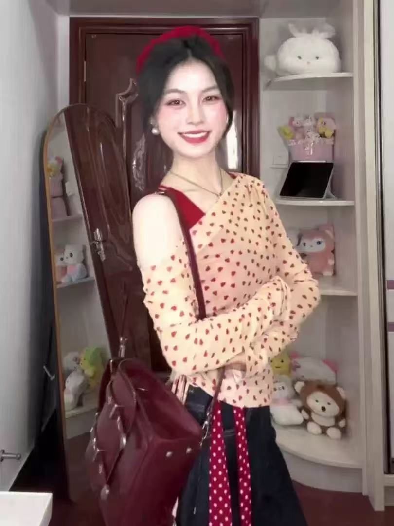 波點吊帶拼接斜肩波點長袖上衣女純欲風褶皺收腰顯瘦打底衫