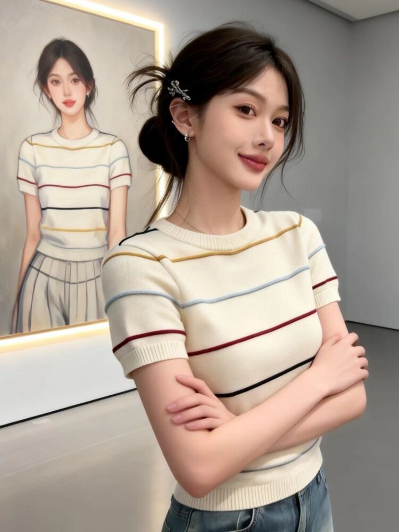 通勤風可穿大碼女裝S-XXXL韓系甜美學院風彩色條紋短袖針織衫