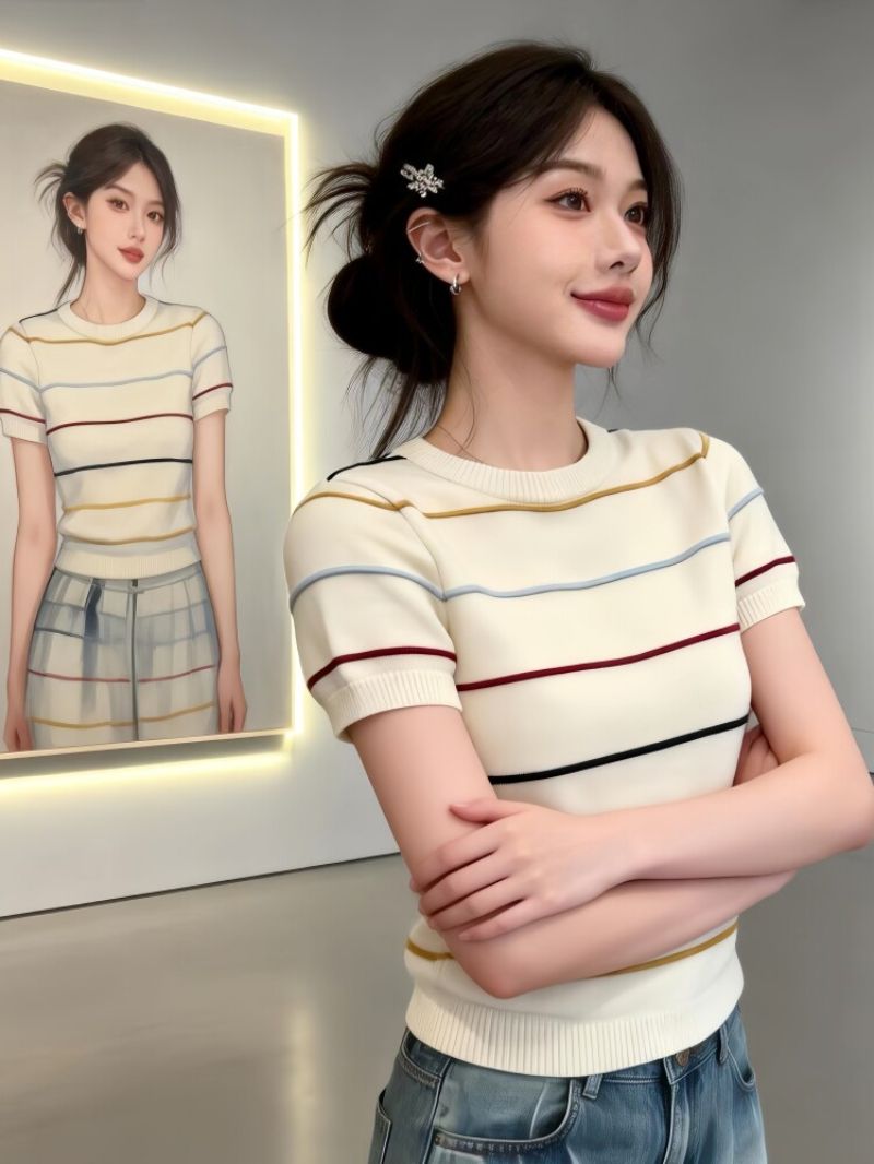 通勤風可穿大碼女裝S-XXXL韓系甜美學院風彩色條紋短袖針織衫