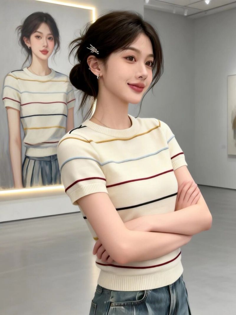 通勤風可穿大碼女裝S-XXXL韓系甜美學院風彩色條紋短袖針織衫