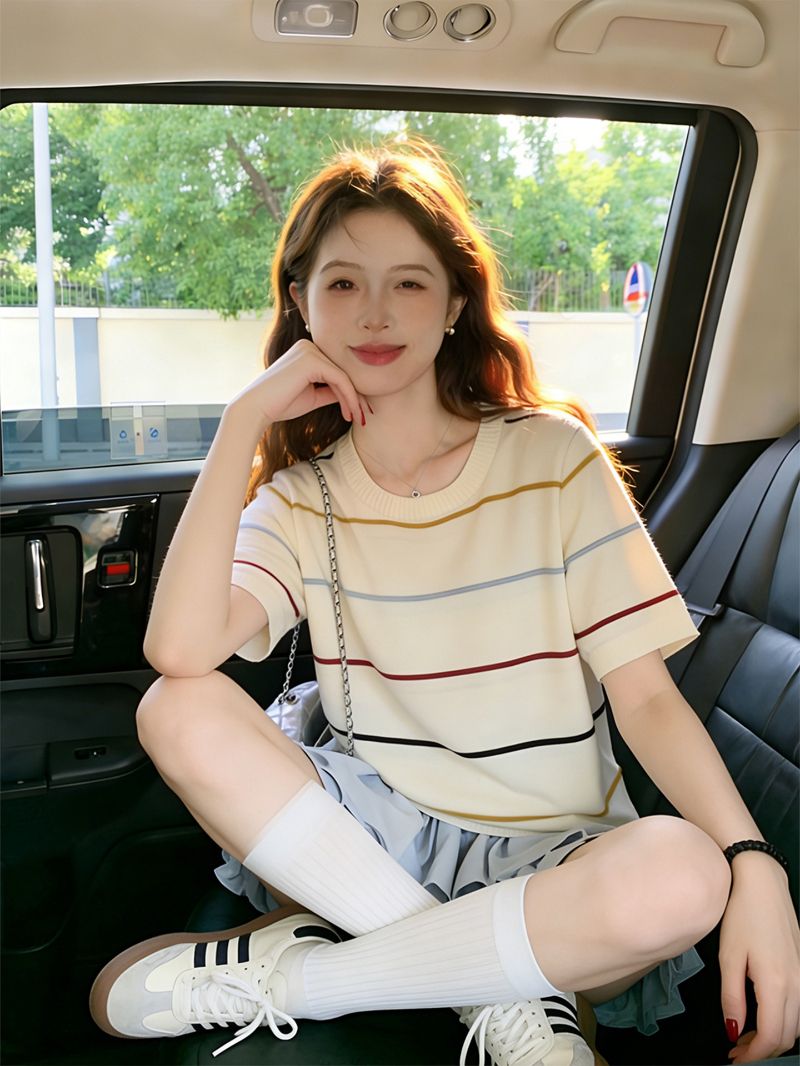 甜美風可穿大碼女裝S-XXXL韓系甜美學院風彩色條紋短袖針織衫